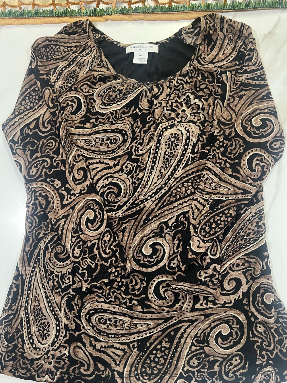 Liz Claiborne Black and Tan Paisley Velvet Burnout Top